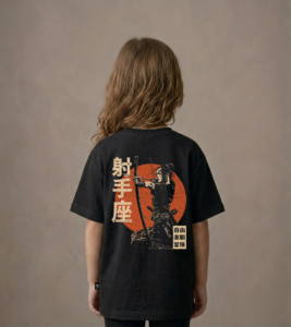 T-shirt dziecięcy z recyklingu, czarny - Zodiak Strzelec - Japoński Kanji