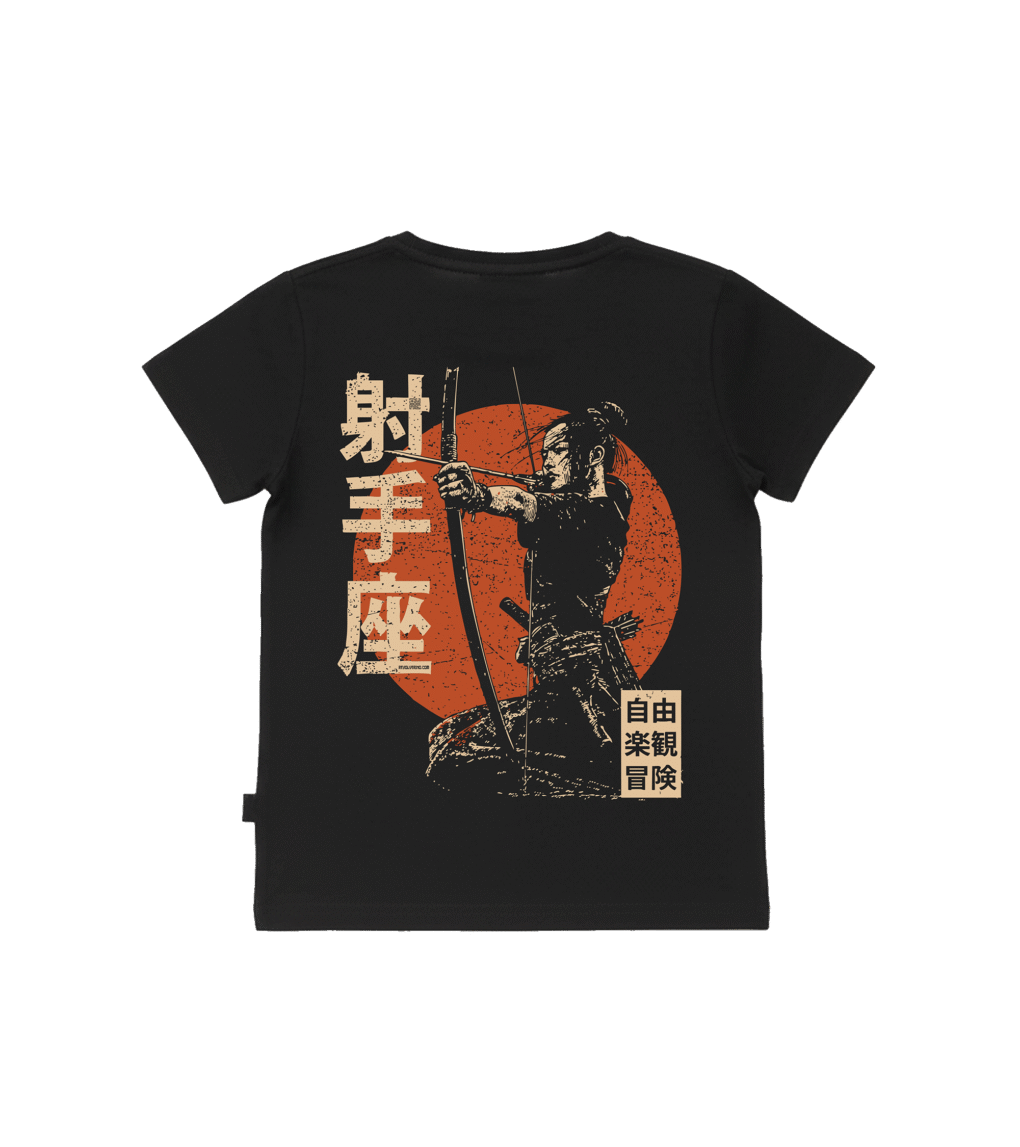 T-shirt dziecięcy z recyklingu, czarny – Zodiak Strzelec – Japoński Kanji