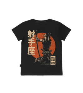 T-shirt dziecięcy z recyklingu, czarny - Zodiak Strzelec - Japoński Kanji