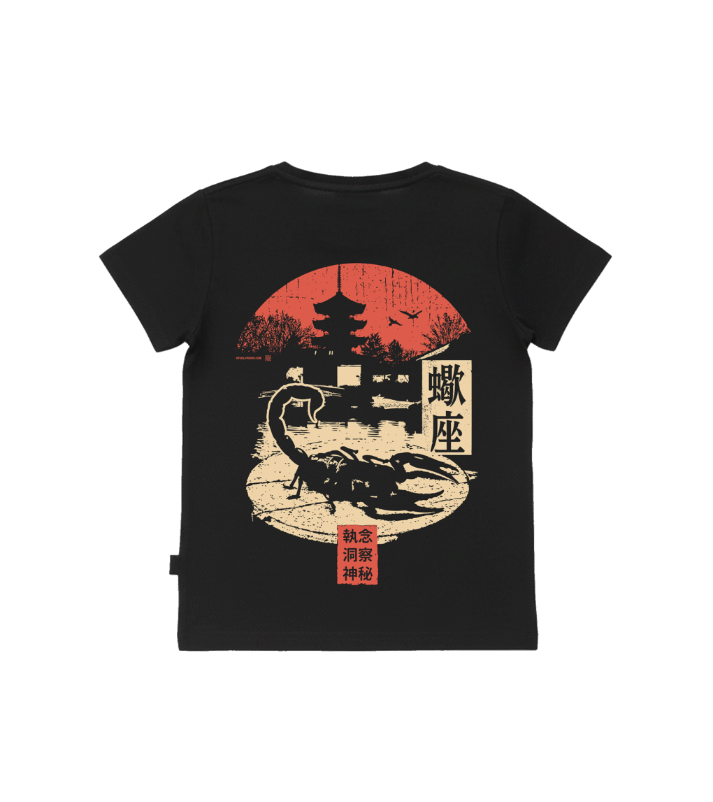 T-shirt dziecięcy z recyklingu, czarny – Zodiak Skorpion – Japoński Kanji