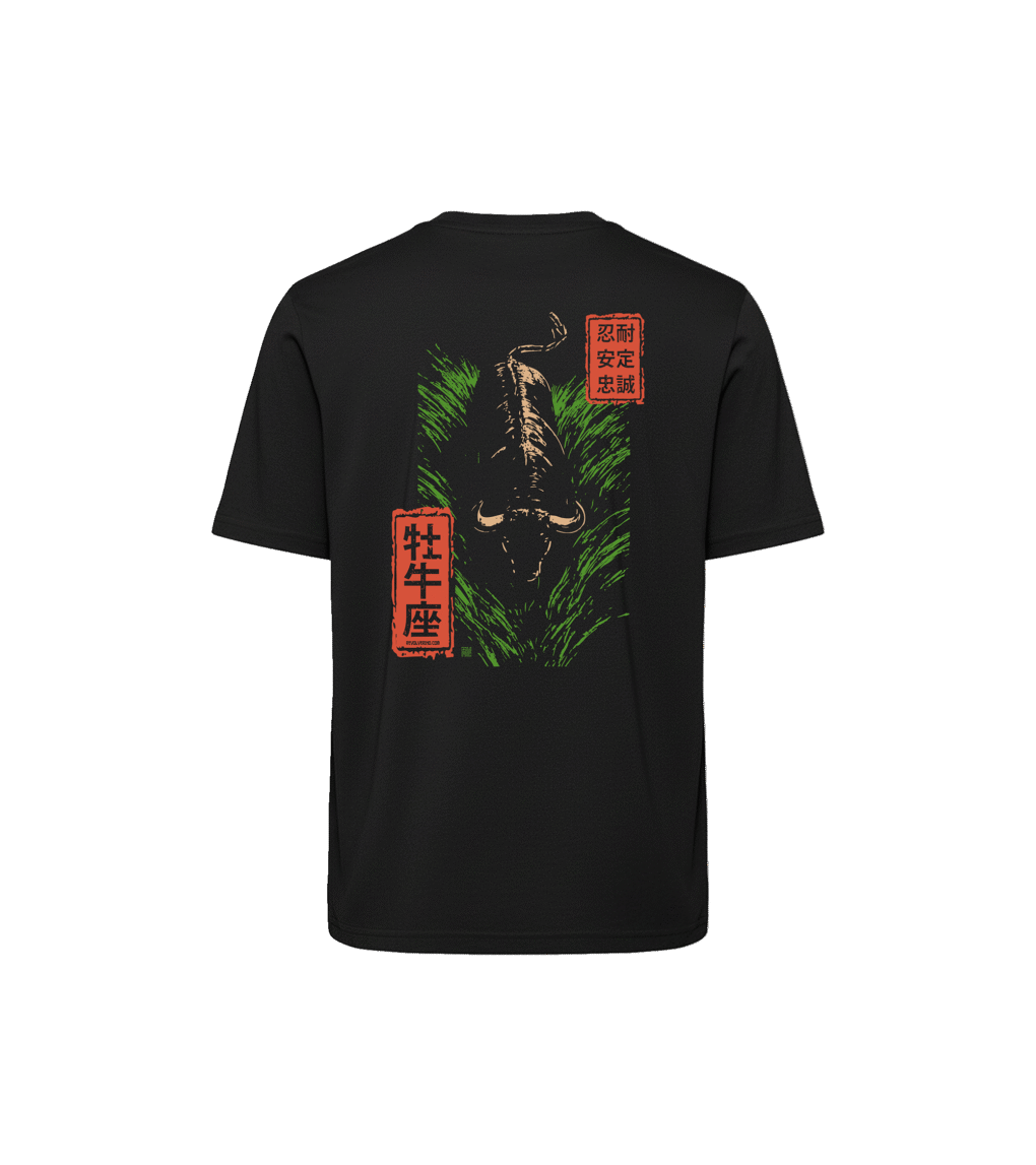 T-shirt luźny z recyklingu, czarny – Zodiak Byk – Japoński Kanji