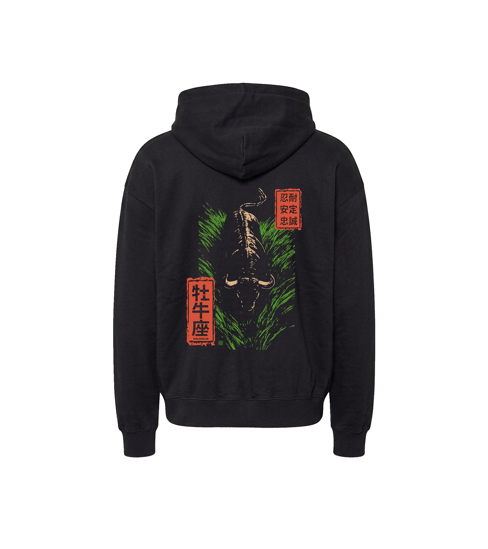 Bluza oversized z recyklingu, czarna – Zodiak Byk – Japoński Kanji