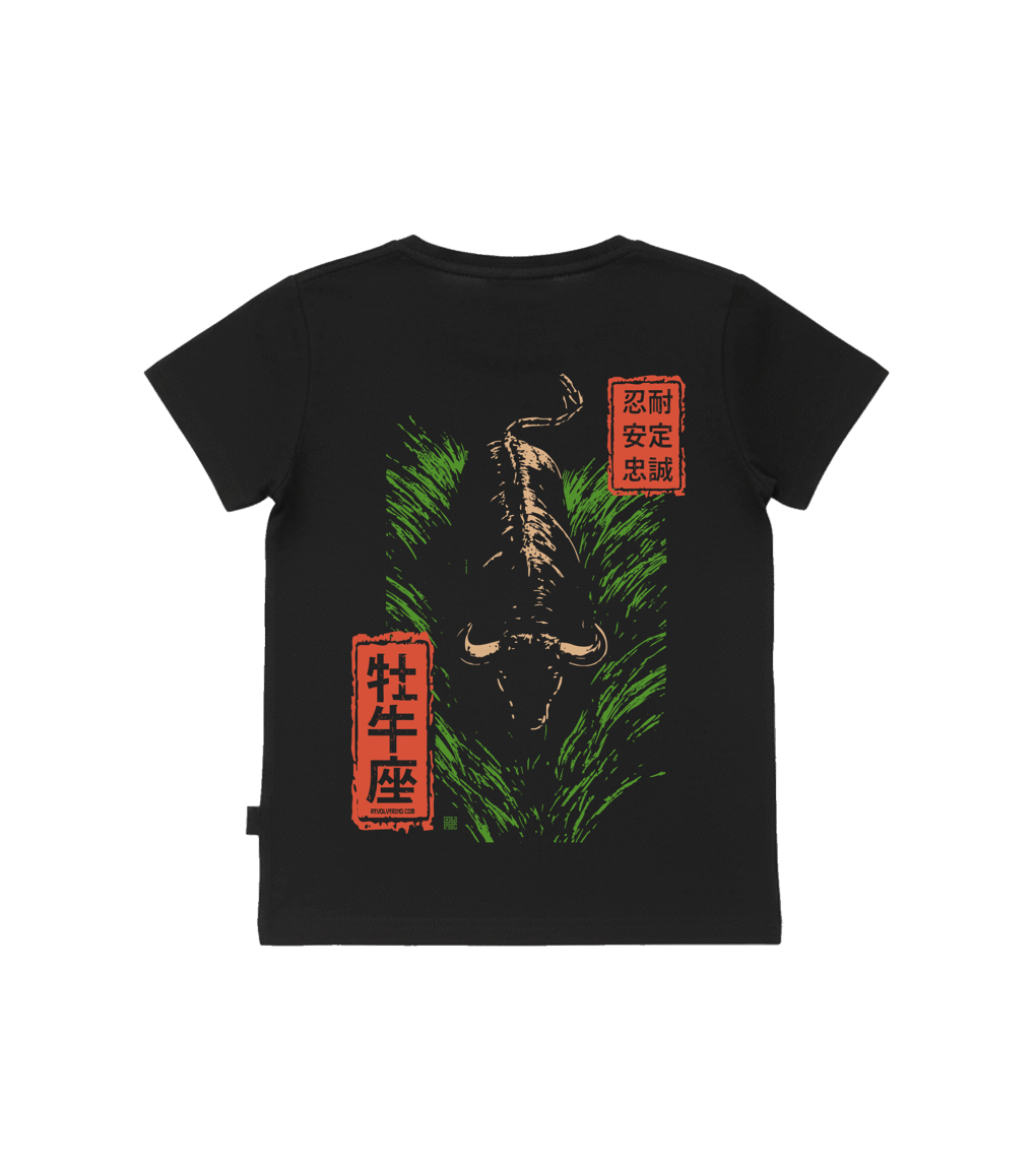 T-shirt dziecięcy z recyklingu, czarny – Zodiak Byk – Japoński Kanji