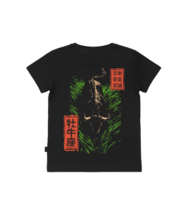 T-shirt dziecięcy z recyklingu, czarny - Zodiak Byk - Japoński Kanji