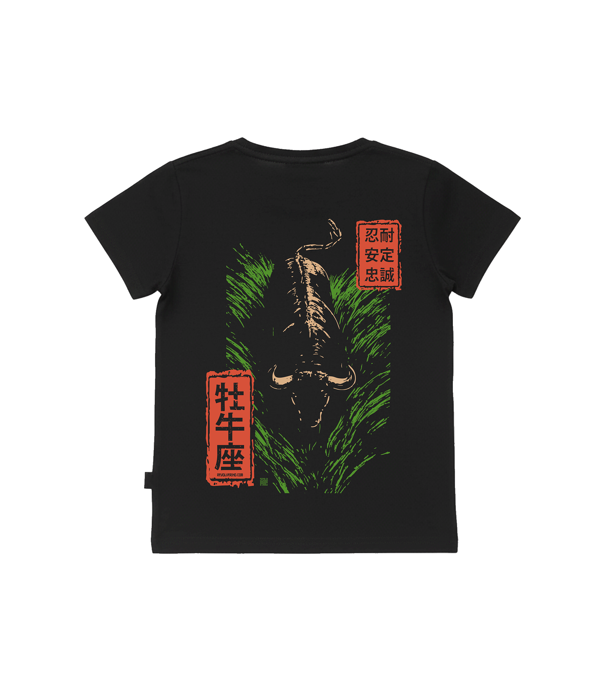 T-shirt dziecięcy z recyklingu, czarny – Zodiak Byk – Japoński Kanji