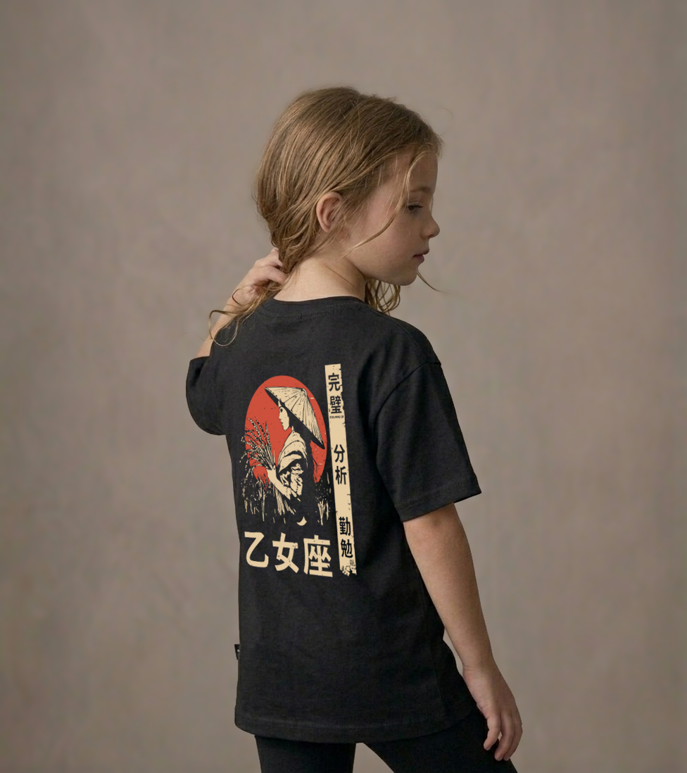 T-shirt dziecięcy z recyklingu, czarny – Zodiak Panna – Japoński Kanji