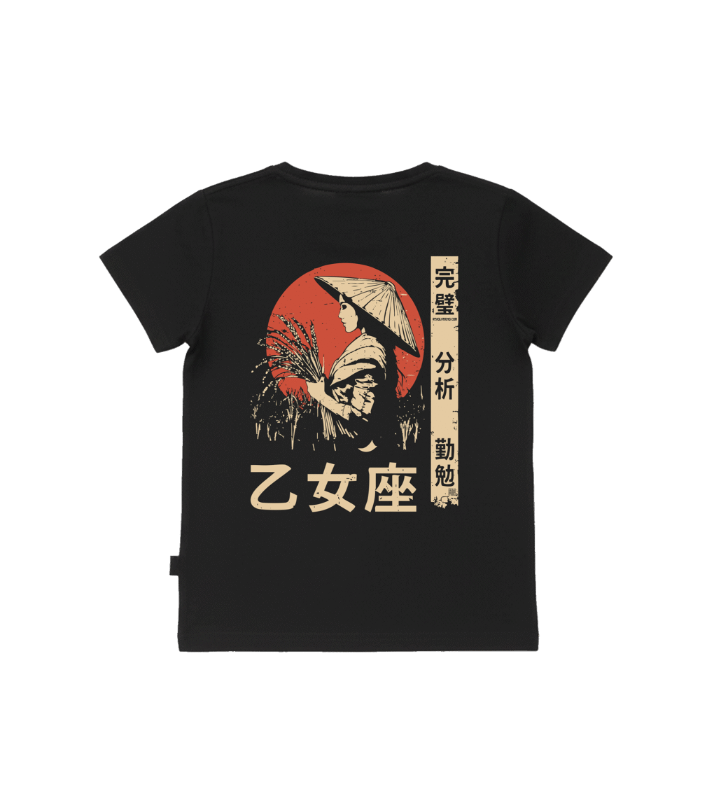 T-shirt dziecięcy z recyklingu, czarny – Zodiak Panna – Japoński Kanji