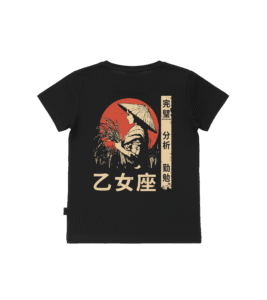 T-shirt dziecięcy z recyklingu, czarny - Zodiak Panna - Japoński Kanji